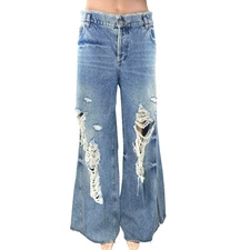Ser.O.Ya Womens Blue High Waisted Distressed Wide Leg Baggy Denim Jeans Pants 31