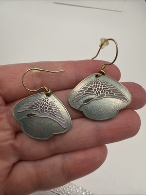 Vintage LAUREL BURCH Enamel CRANE Bird Earrings Pierced, Gray Rust red & Sage