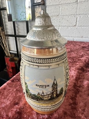 Vintage German Beer Stein Handmade Handpainted Pewter Lid Ramstein Pfalz Town