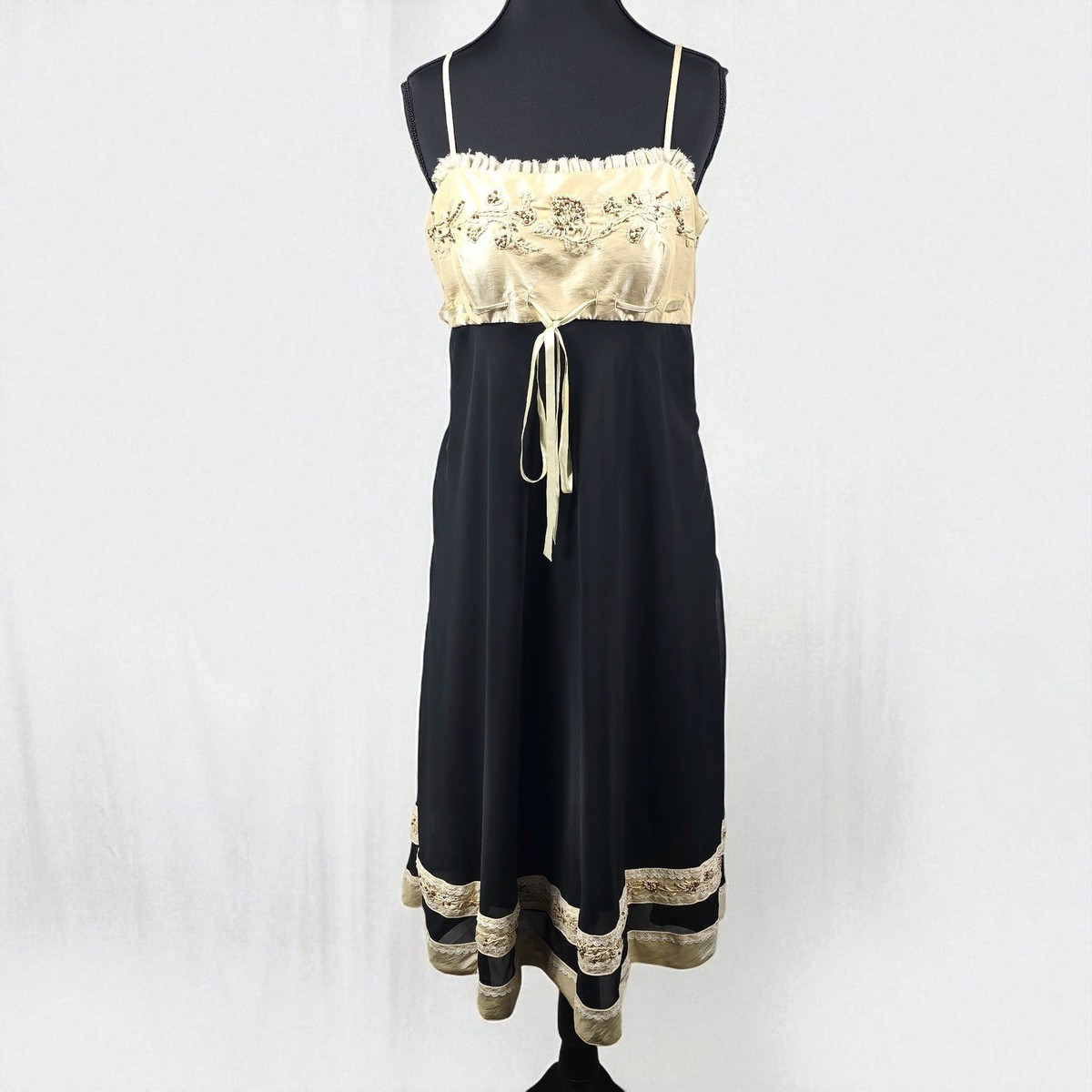 Simon Chang Babydoll Dress Woman Size 4 Black Beige Embellished Sleeveless  Lined
