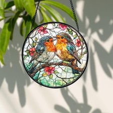 Robin Couple Stained Glass Suncatcher Romantic Bird Window Hanging Decor