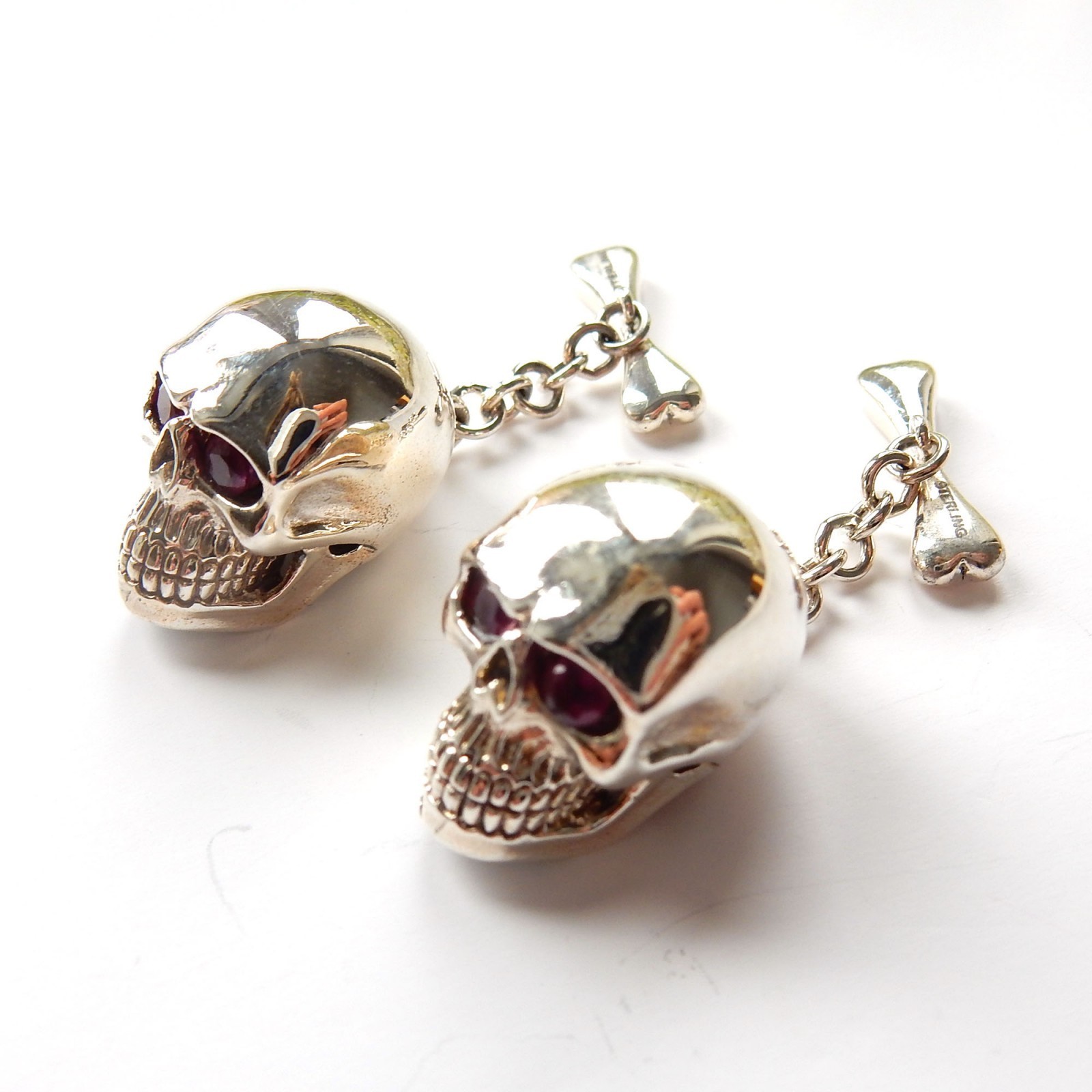 Sterling Silver Ruby Skull & Bone Cufflinks - image 2