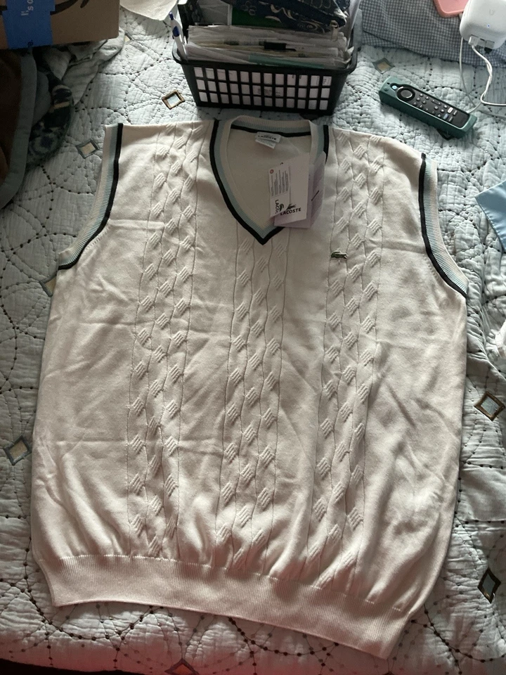 Chaleco Lacoste Hombre Blanco Con Borde Azul Talla XL Nuevo Clásico Foto 3 de 4