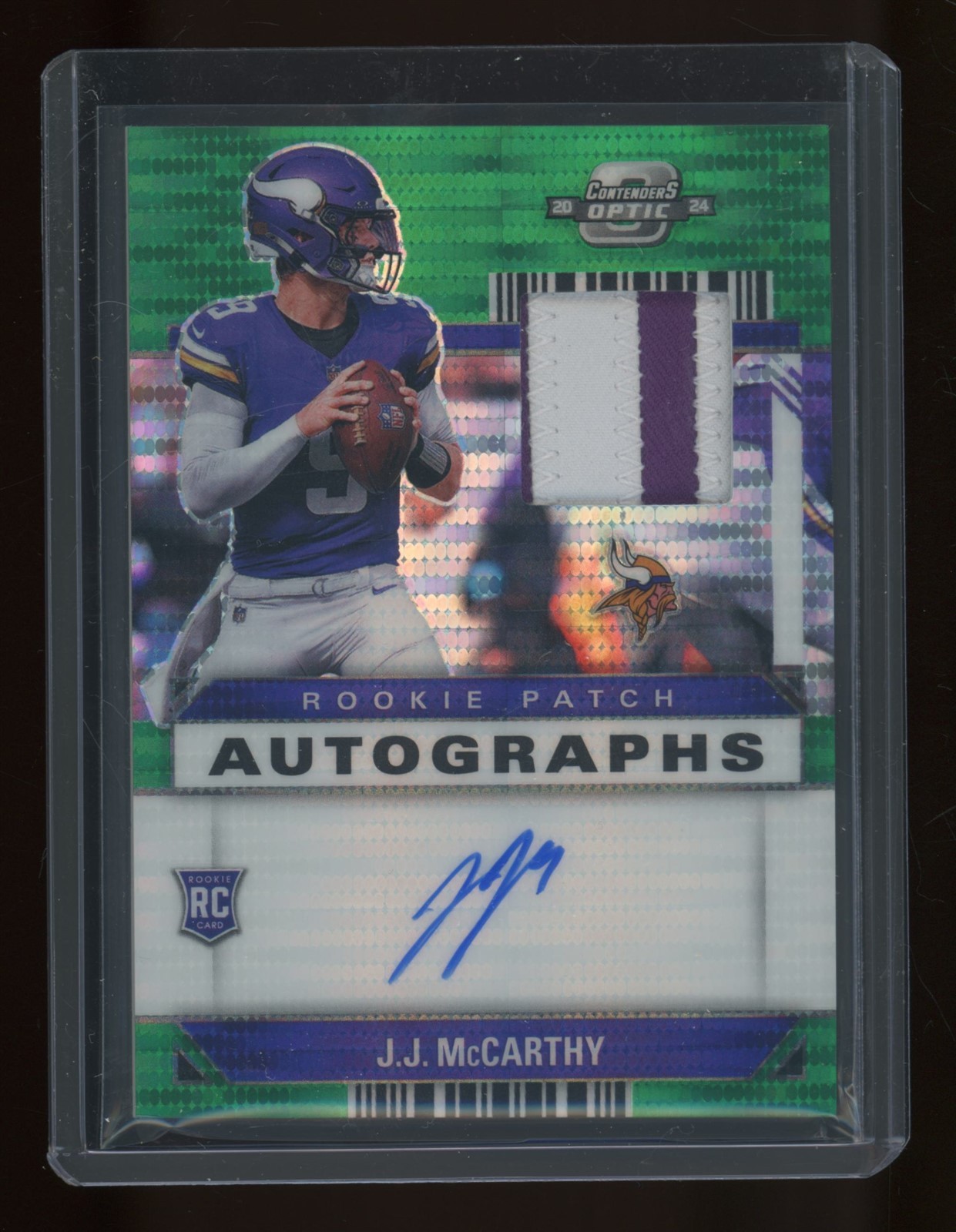 2024 Contenders Optic J.J. McCarthy Rookie Patch Auto Green Pulsar #13/15 (BD)