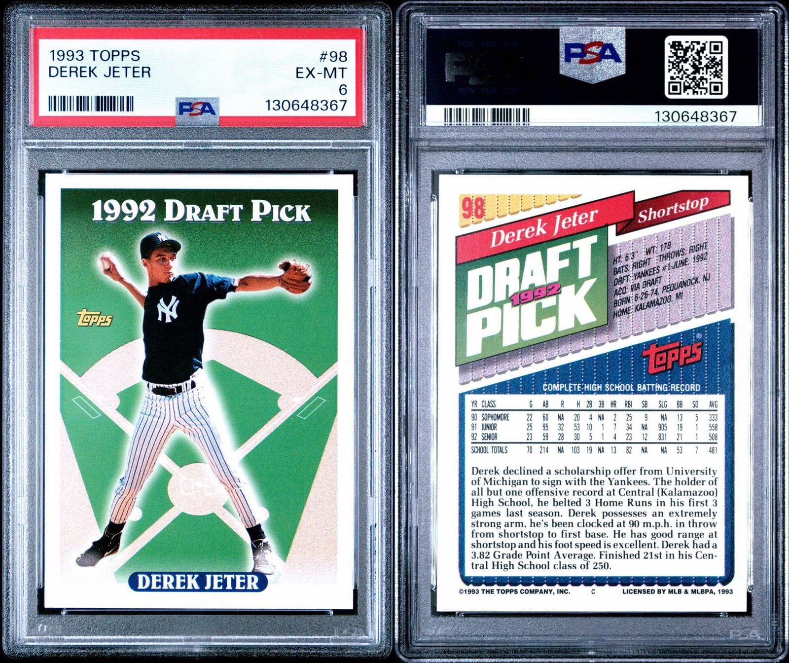 1993 Topps Derek Jeter 98 Rookie Card RC - PSA 6 EX-MT view 3