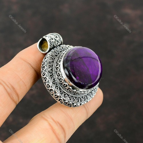 Purple Fire Labradorite Pendant 925 Sterling Silver Real Gemstone Vintage Pendan - Picture 3 of 6