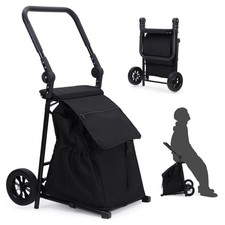 2-in-1 Foldable Grocery Cart with Seat Portable Utility Hand Truck 32.5 Gal Bag