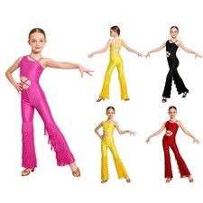 Girls Latin Ballroom Dance Sleeveless Jumpsuit Stage Performance Unitard Cutout