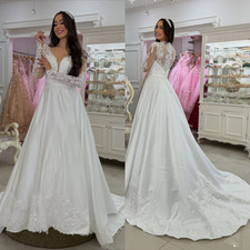 Wedding Dresses V Neck Lace Appliques Long Sleeves Elegant Satin Bridal Gowns