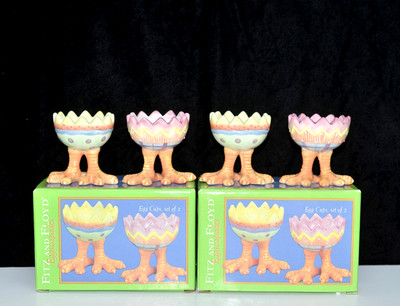 Fitz Floyd Eggscapades 4 EGG CUPS HOLDERS Easter, Chicken Feet, Colorful Ceramic