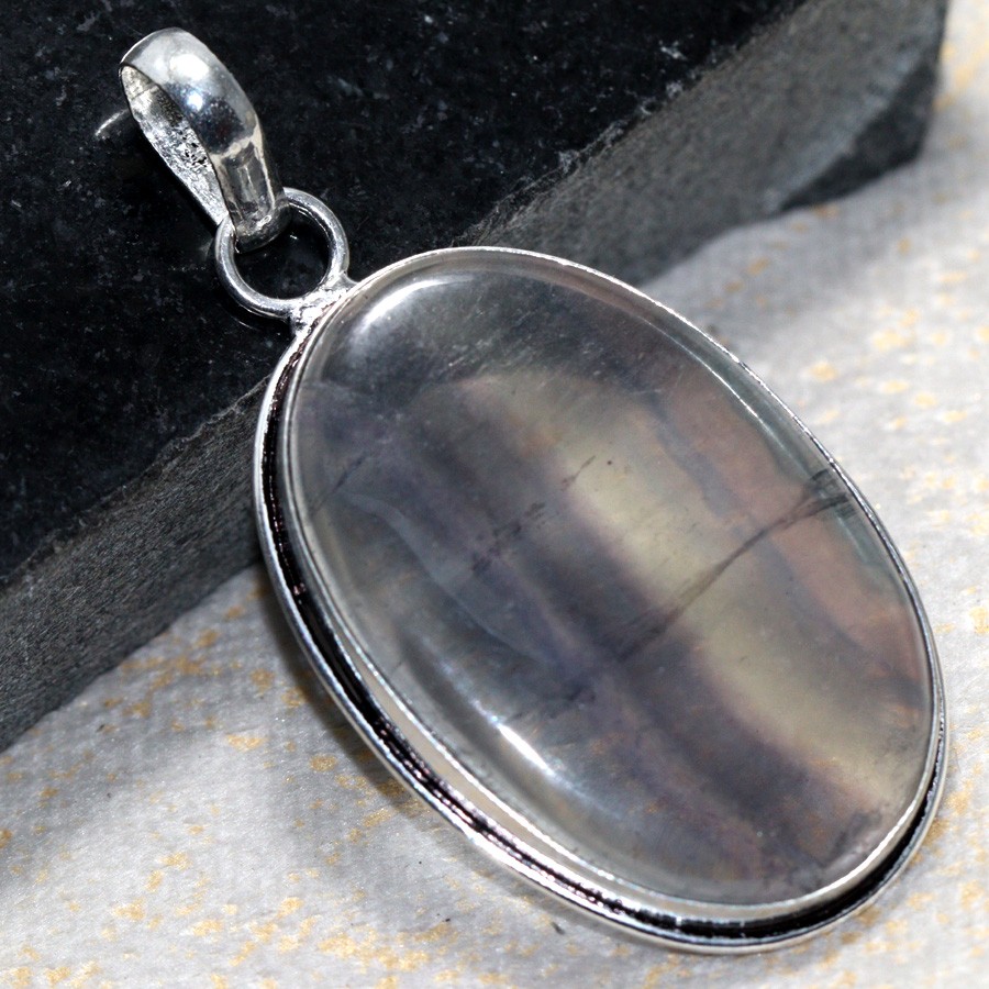 Rainbow Fluorite 925 Silver Plated Gemstone Pendant Necklace 2.1 Inch Gift Jewelry JW