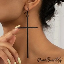 Black Gothic Cross Dangle Earrings Long Drop Punk Grunge Alt Emo Unisex Jewelry