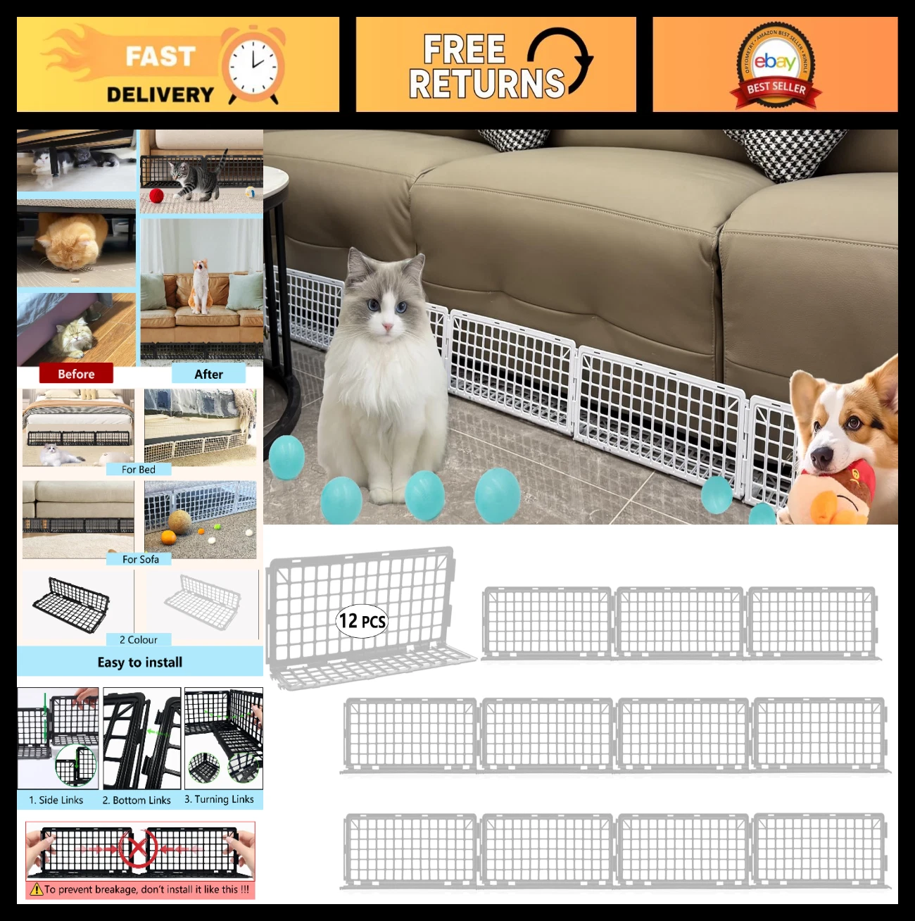 12 PCS Under Couch Blocker - Furniture Bed Stopper, Prevents Small Items & Pets
