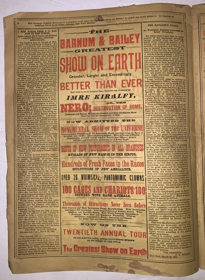 1891, BARNUM & BAILEY, GREATEST SHOW ON EARTH PROGRAM, PHILADELPHIA, CIRCUS - Image 2 of 4