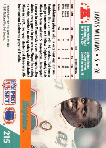 Jarvis Williams 1991 Pro Set 215 Miami Dolphins Football Card - Picture 2 of 2