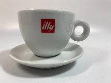 Illy Cappuccino Cup & Saucer White w/ Red Logo Ring Handle IPA Made in Italy EUC