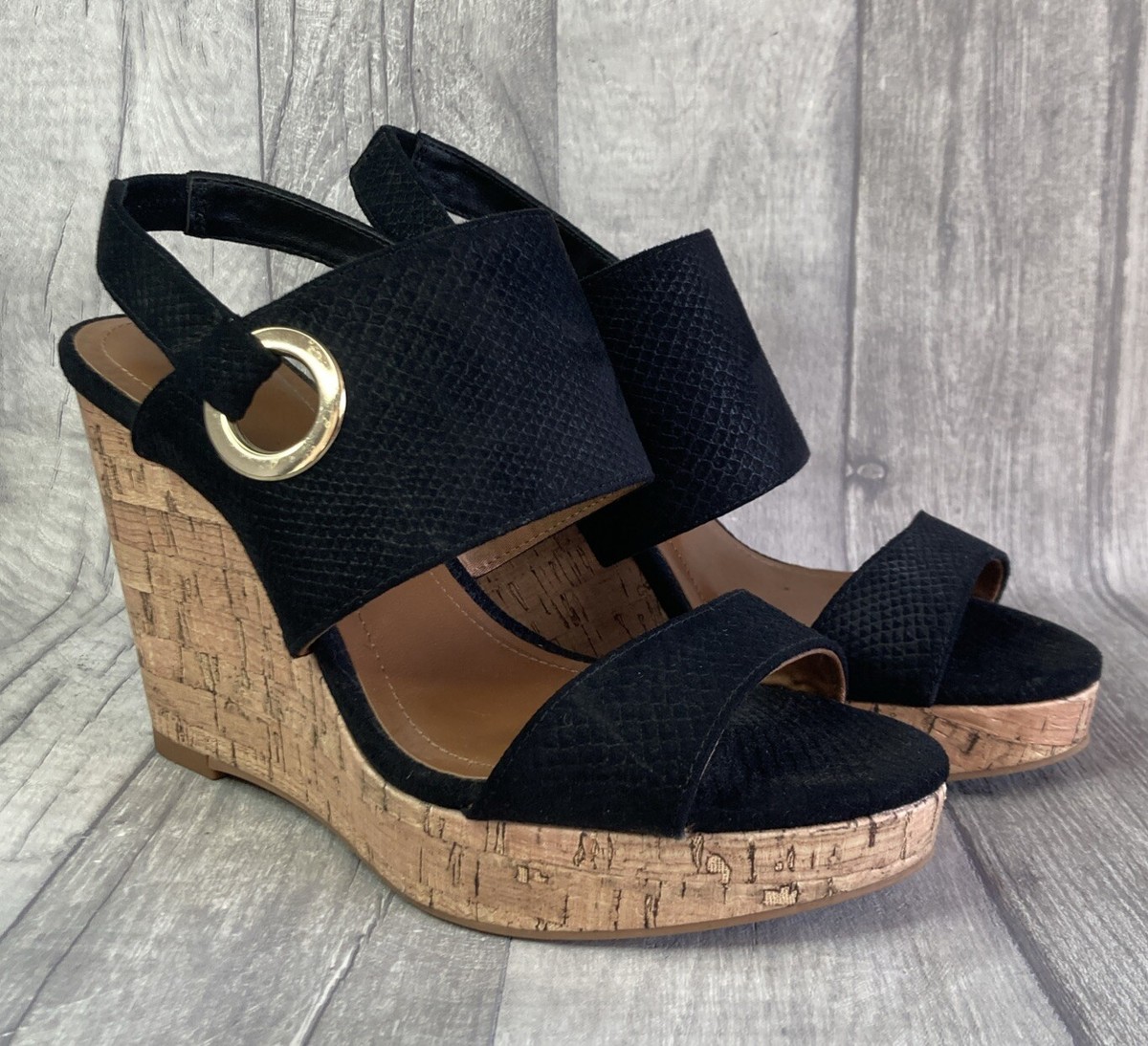 H M Black Wedge Cork Heel Platform Shoes Sandals Size UK