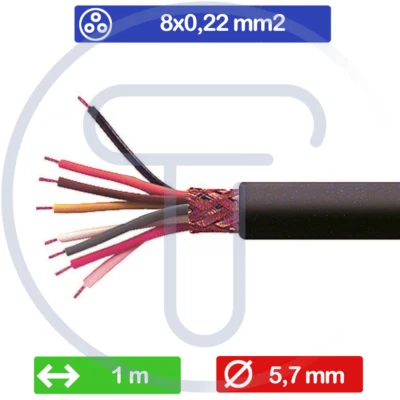 TANCREDI SRL Câble blindé 8x0.22 mm2, 1 mètre, diam 5.7 mm, cuivre rouge, gaine PVC