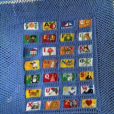 Alphabet Granny Crochet Afghan Blue ABCs Needlepoint Handmade Blanket 60x90"