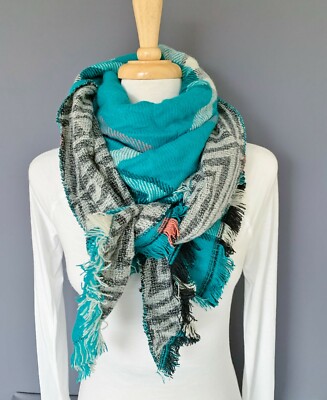 Teal Black White scarf triangle blanket plaid check soft fringe grey chevron