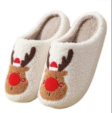 Reindeer Red Christmas Slippers Cute Comfortable Sherpa Lined Size 8-9 NEW