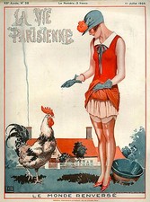 Póster publicitario de viaje 1925 La Vie Parisienne alimentando al gallo Francia