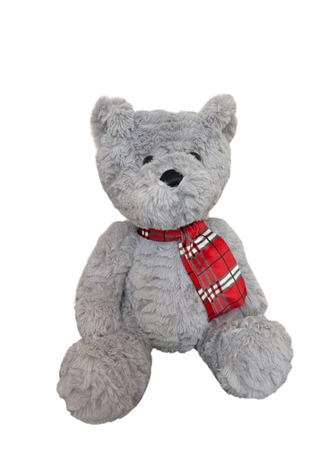 Peluche orsacchiotto grigio con sciarpa invernale a quadri rossi seduta peluche - Foto 2 di 6