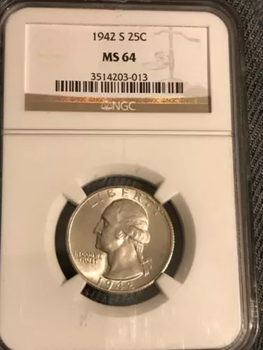 CERTIFIED 1942-s Washington Quarter , NGC MS 64