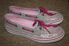 NIB Girls Sperry Biscayne Pink/Gray zebra print sequin casual boat shoes sz 4.5