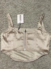 Missguided Beige Satin Corset Top Size 2 Cropped Zipper