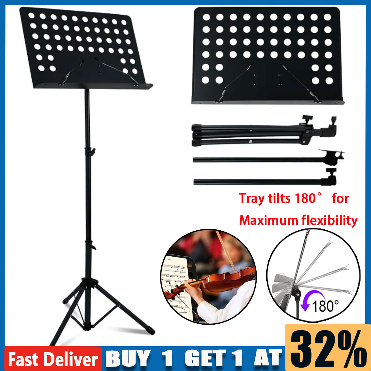 Height Adjustable Music Orchestral Book Paper Portable Holder Tripod Stand  Base