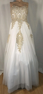 TLC Say Yes Prom White Chiffon Layered Gold Embroidery Dress Women's Sz 3 Bridal