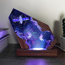 Handcrafted Astronaut Resin Lamp, RGB Galaxy Light with Wood Base USB Charging,