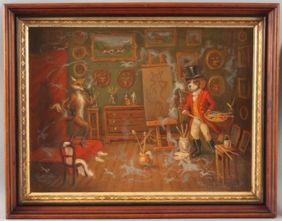 Large ANTHONY BARHAM Foxhound Artist Studio & Nude Vixen Fox Model Oil