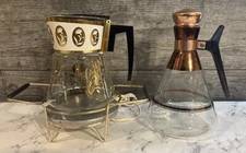 DAVID DOUGLAS FLAMEPROOF GLASS COFFEE POT ATOMIC CARAFE GOLD FLORAL MCM & MORE