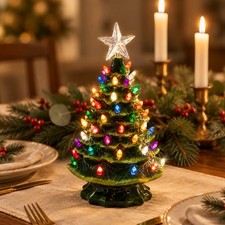 15" Pre-Lit Hand Painted Green Ceramic Christmas Tree Tabletop Decor with Lights