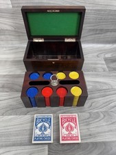 VINTAGE WOOD BOX POKER SET CARDS CHIPS BICYCLE NEW FAN BACK / LEAGUE - BAKELITE