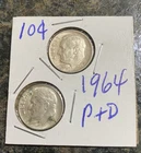 1964 P D Roosevelt Dime Year Set 90% Silver 2 Coin Lot
