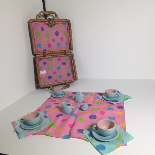 Vintage Child Ceramic Miniature Tea Set Wicker Picnic Basket Polka Dot Pink Blue