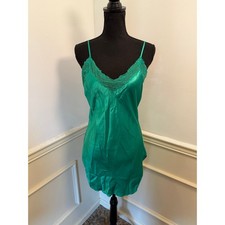 VTG 90s Victoria's Secret Gold Label Emerald Green Satin Lace Slip Dress Chemise