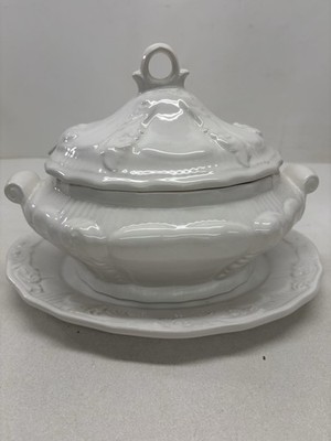 Vintage White Ceramic Soup Tureen with Lid and Underplate Made in Portugal