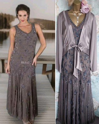 Chesca Ann Harvey Grey Taupe Beaded Long Dress 20s wedding Occasion Evening  24 UK