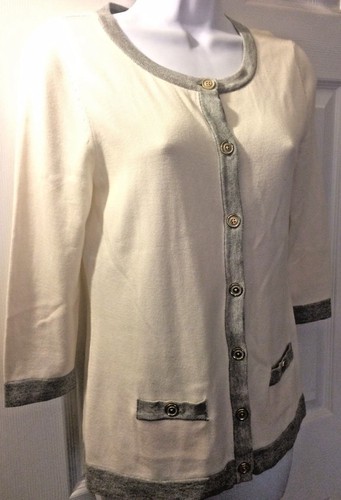 BANANA REPUBLIC Cardigan Sweater Ivory Cream Gray Gold Button 3/4 Slv Sz Small - Picture 2 of 8