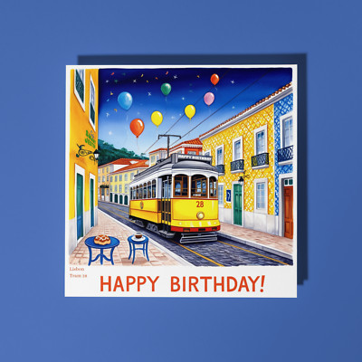 Handgefertigte Lissabon Straßenbahn 28 Climbing the Hills Happy Birthday Karte & weißer Umschlag