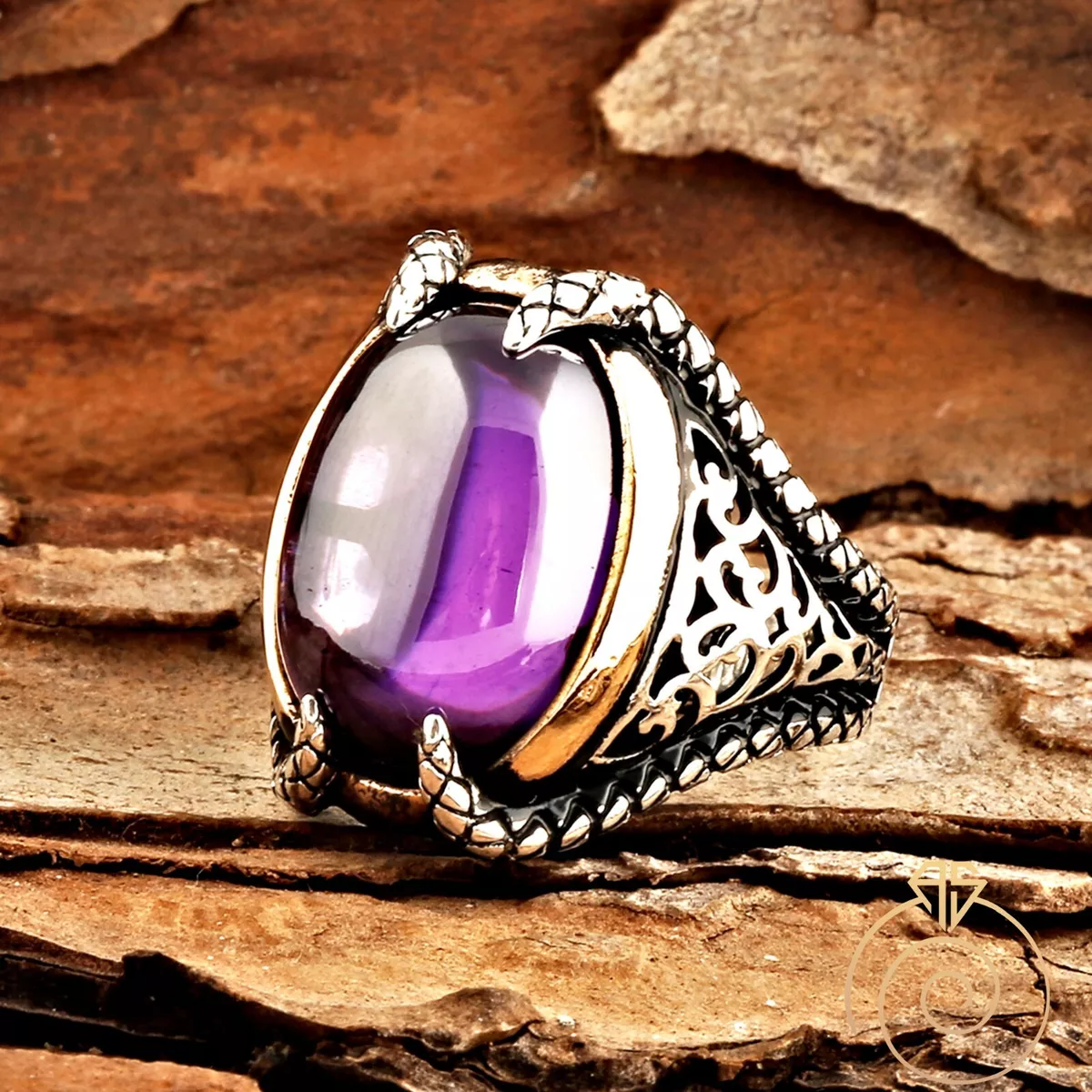 Men Purple Amethyst Stone Occult Statement Ring Vintage Claw