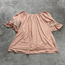 Win Win Tunic Off Shoulder Blouse Womens 2-3XL Pink Ruffle Short Sleeve Casual