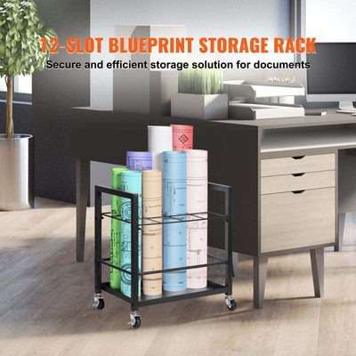 Mobile Blueprint Organizer Cart, 12-Slot Metal Storage Rack on Wheels for Maps