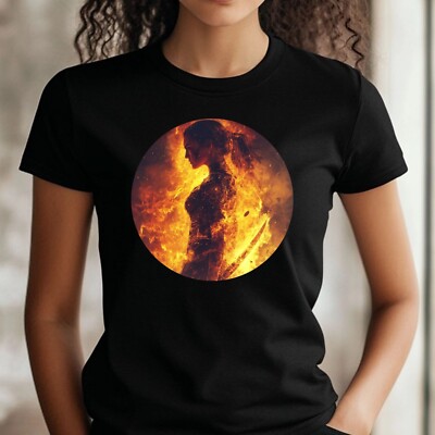 Frauen T-Shirt Kriegerin in Flammen Motiv Baumwolle Größe S bis 3XL