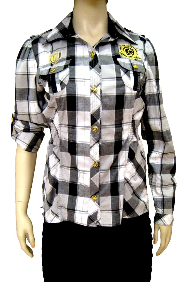 Camisa COOGI para mujer talla M blanca negra a cuadros a presión lengüeta enrollable mangas largas nueva Foto 2 de 4