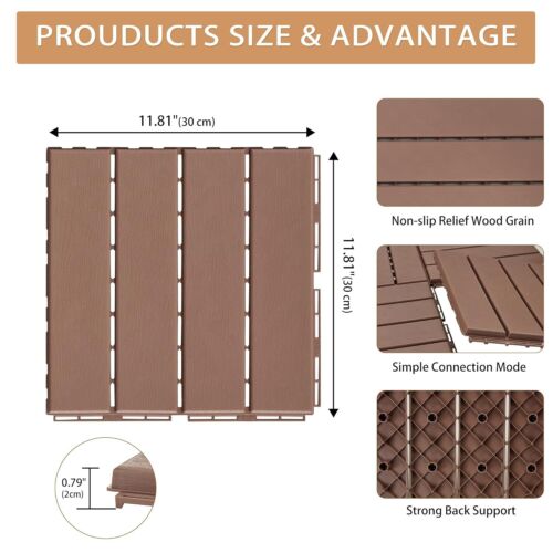 Plastic Interlocking Deck Tiles, 9 Pack , 12"x12" Waterproof Outdoor Flooring - Picture 3 of 10
